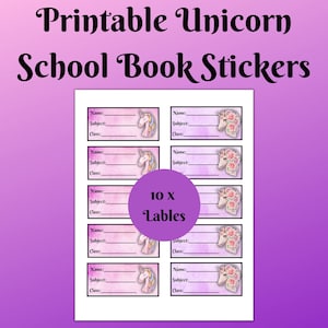 Printable Unicorn School Book Stickers, Name Labels, School Supplies, Instant Download PDF