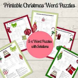 Printable Christmas Word Puzzles, 5 x Crosswords and Solutions, Instant Download PDF
