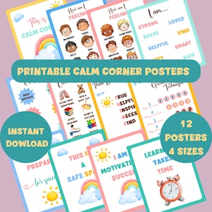Calm Corner Printable Posters, Set of 12 Colorful Rainbow Prints, Calming Techniques, Educational Wall Art, Instant Download PDF