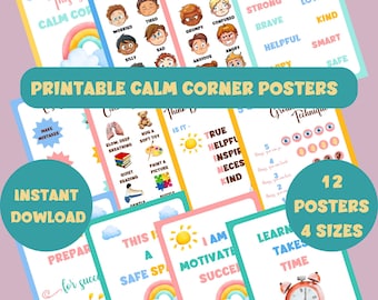 Calm Corner Printable Posters, Set of 12 Colorful Rainbow Prints, Calming Techniques, Educational Wall Art, Instant Download PDF