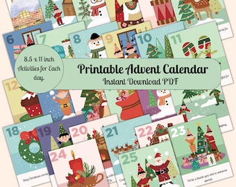 Printable Advent Calendar, Christmas Activities, Countdown to Christmas, Instant Download PDF