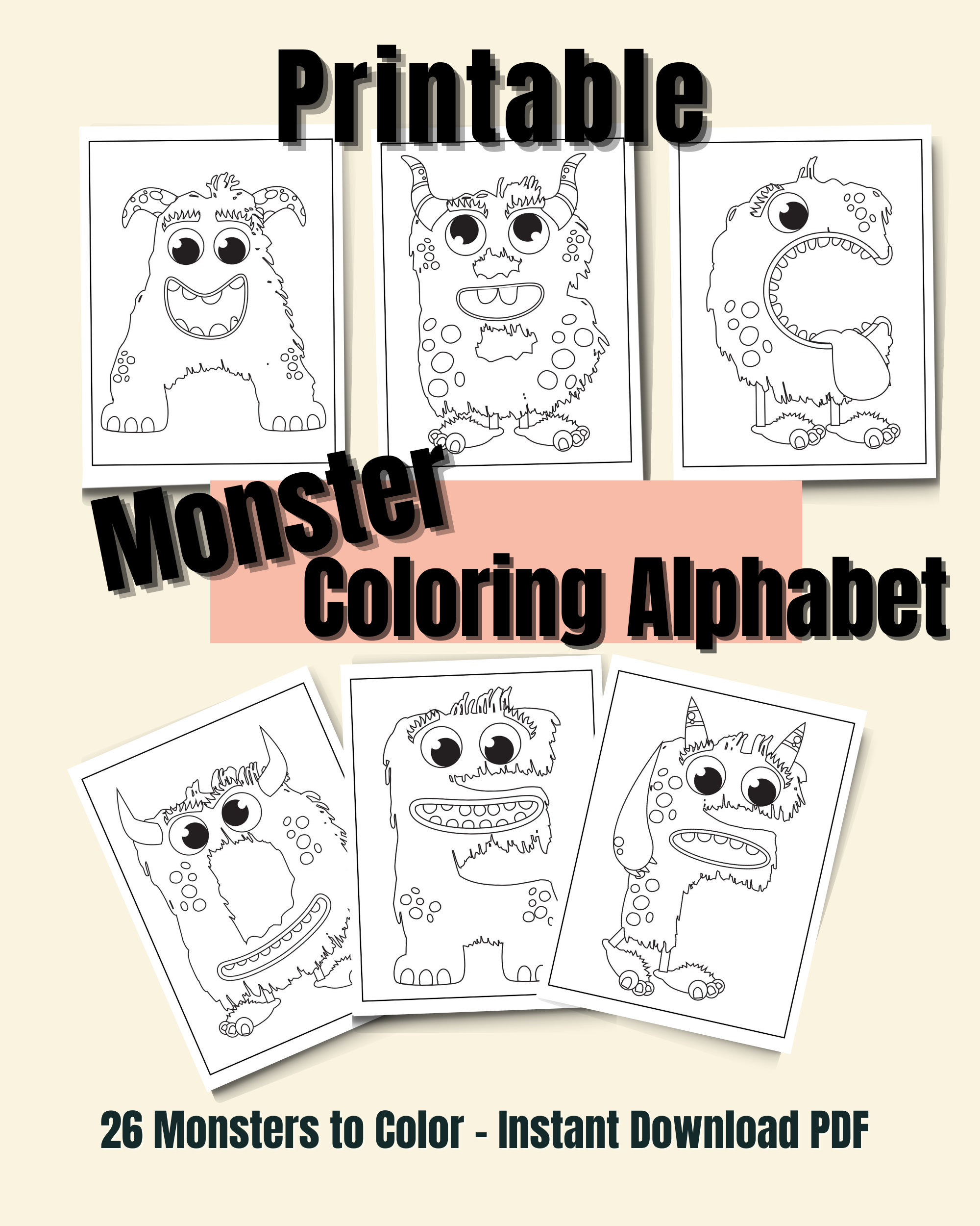 Printable Monster Coloring Alphabet, Alphabet Coloring Pages, Instant Download PDF
