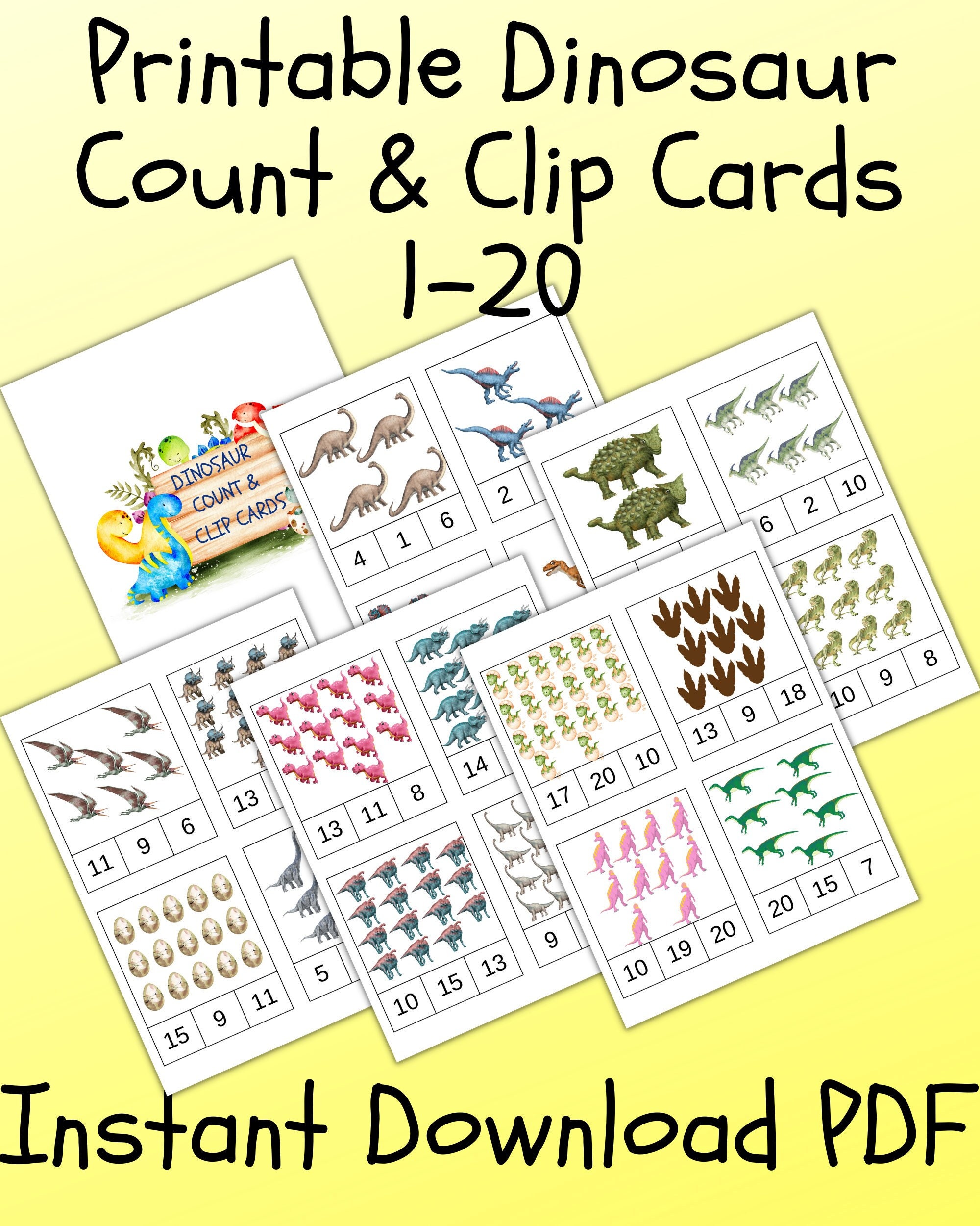Printable Count and Clip Cards 1 - 20, Dinosaur Theme, Instant Download ...