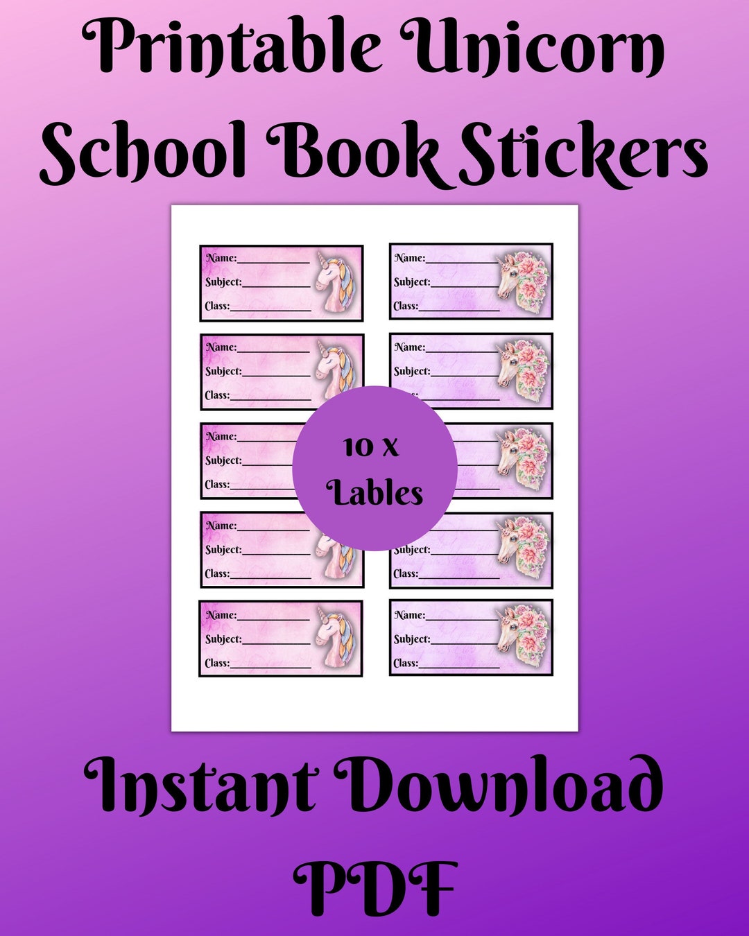 Printable Unicorn School Book Stickers, Name Labels, School Supplies, Instant Download PDF Etsy