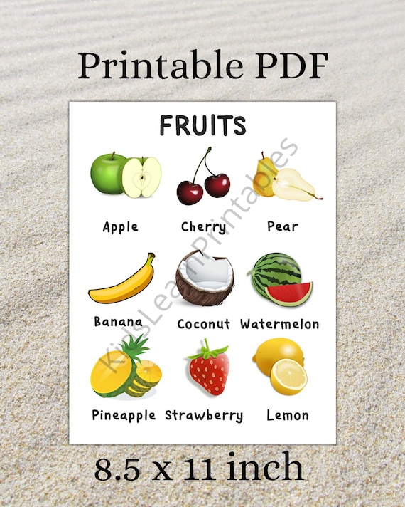 Printable Fruit Words Chart, Educational Home Learning, 8.5 X 11