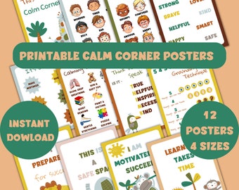 Calm Corner Printable Posters, Set of 12 Jungle Fun Prints, Calming Techniques, Educational Wall Art, Instant Download PDF