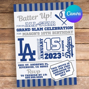 Instant Digital Download, Dodgers Theme Birthday Party Invitation, LA Baseball Theme Party Invite, Canva Template