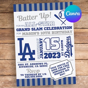 Instant Digital Download, Dodgers Theme Birthday Party Invitation, LA Baseball Theme Party Invite, Canva Template