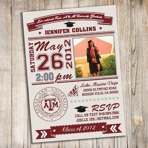 College Graduation Party Invitation / Grad / University Texas A&M / Notre Dame Invite / customizable / personalized printable digital file