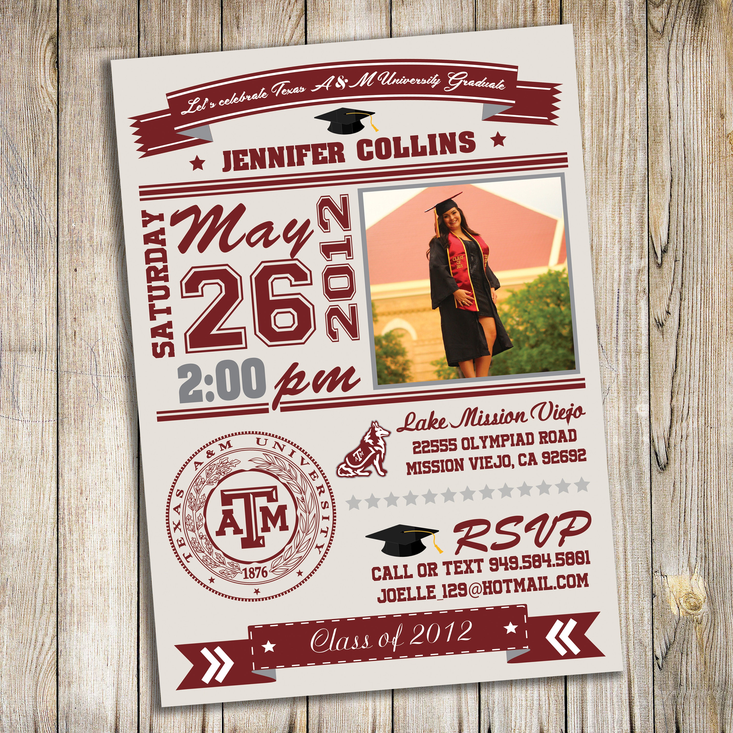 College Graduation Party Invitation / Grad / University Texas A&M / Notre Dame Invite / customizable / personalized printable digital file