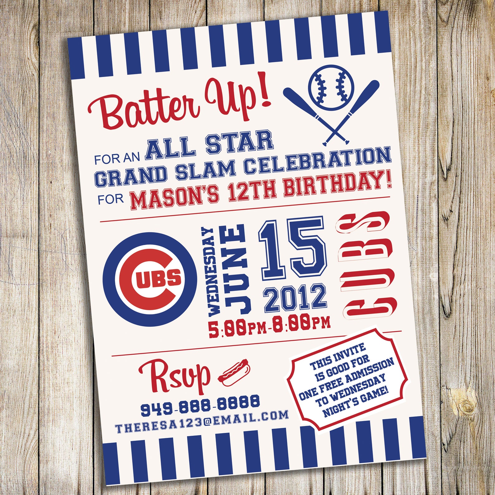 Cubs Baseball Birthday Party Invitation / Customized / Personalized ...