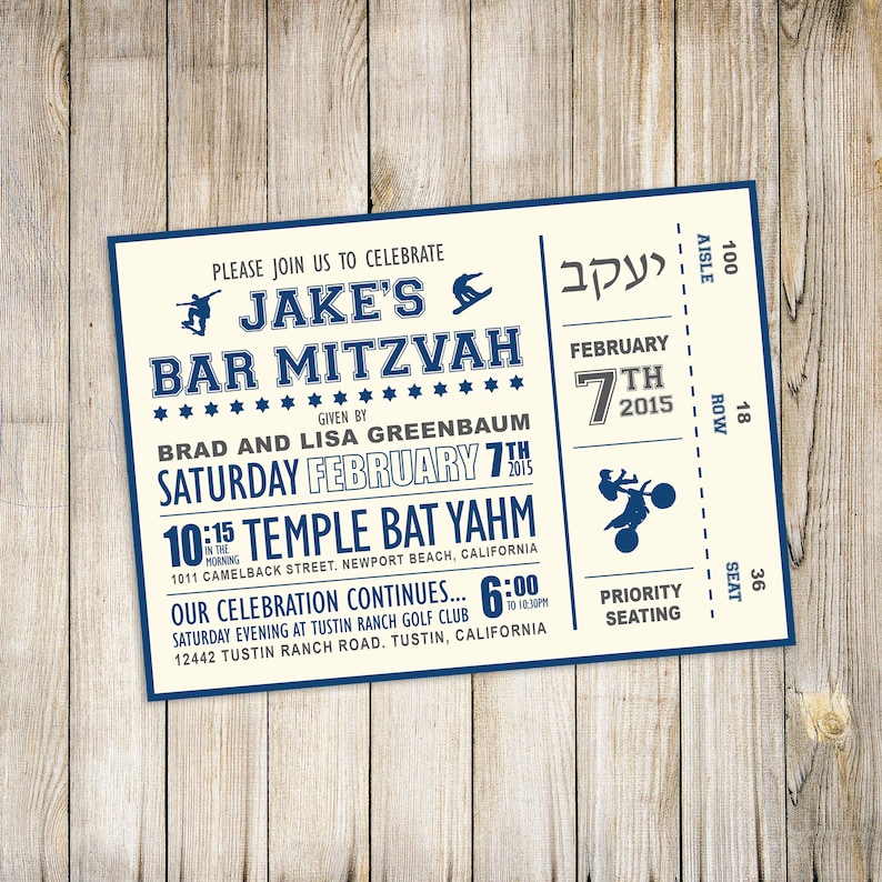 May include: A blue and white ticket-style invitation for a Bar Mitzvah celebration. The invitation features the name "Jake's Bar Mitzvah" in a bold font. The event is scheduled for Saturday, February 7th, 2015, at 10:15 AM at Temple Bat Yahm, 1011 Camelback Street, Newport Beach, California. The celebration continues at 6:00 PM at Tustin Ranch Golf Club, 12442 Tustin Ranch Road, Tustin, California.
