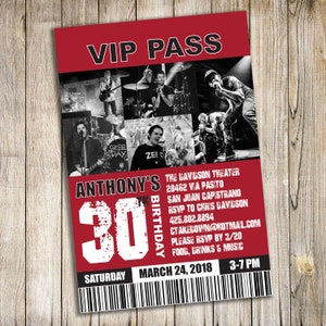 CUSTOM VIP Pass Rock Concert Birthday Party Invitation