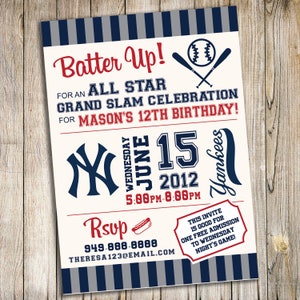 Yankees Birthday Party Invitation / Customized / Personalized Digital File Made To Order