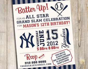 May include: A baseball-themed birthday party invitation with a red, white, and blue color scheme. The invitation features a baseball bat and ball, the New York Yankees logo, and the text "Batter Up!" for an All-Star Grand Slam Celebration for Mason's 12th Birthday! on Wednesday, June 15, 2012, from 5:00 PM to 8:00 PM. The invitation also includes a RSVP phone number and email address.
