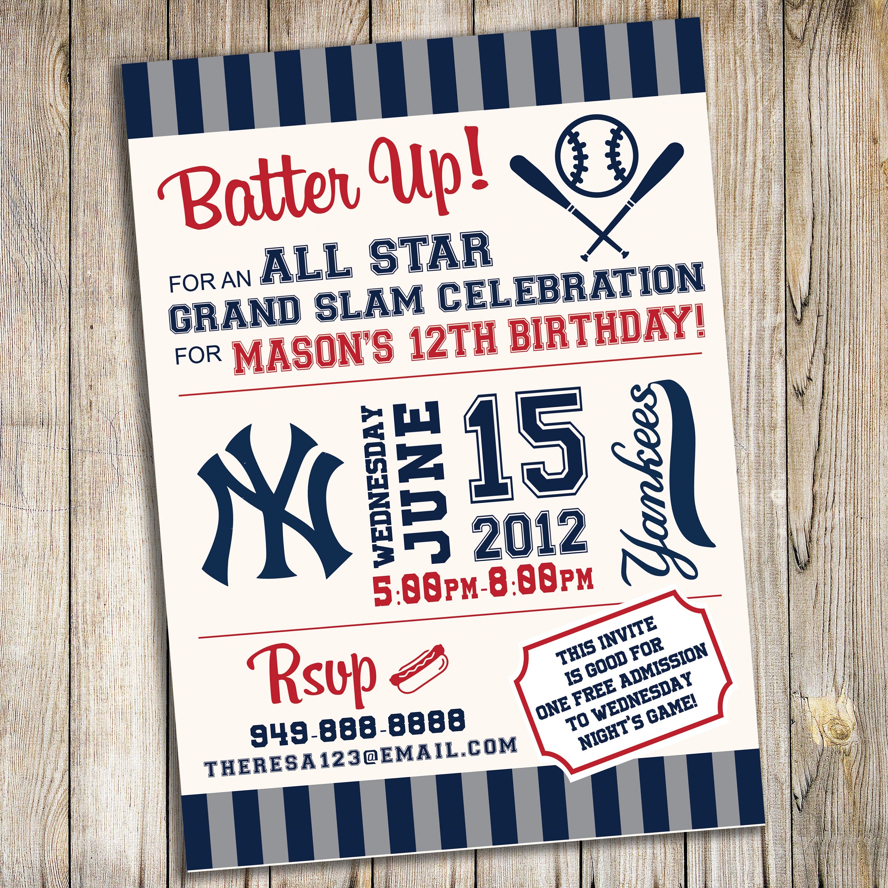 Yankees-Geburtstags-Party Einladung / individuell / personalisierte digitale Datei Made To Order
