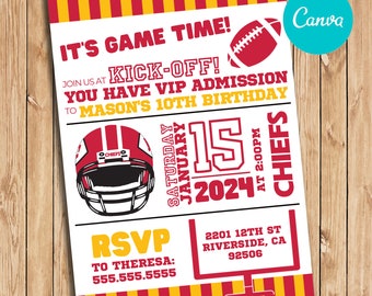 Instant Digital Download, CANVA Template, Chiefs Birthday Party Invitation, Kansas City Party Invite