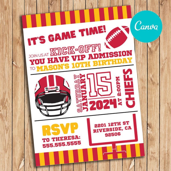 Instant Digital Download, CANVA Template, Chiefs Birthday Party Invitation, Kansas City Party Invite