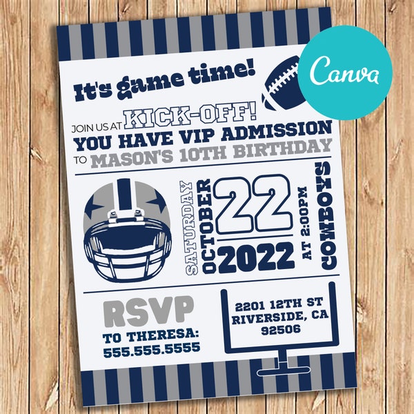 Instant Digital Download, Cowboys Theme Birthday Party Invitation, Dallas Football Theme Party Invite, Canva Template