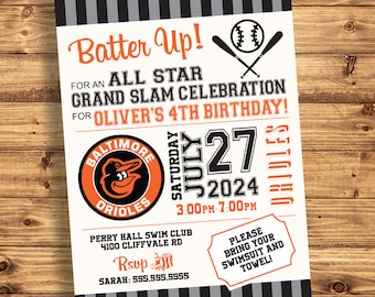 Invitación a fiesta de cumpleaños de béisbol de los Baltimore Orioles / Invitación / Hecha a pedido / Archivo digital personalizado
