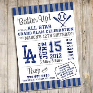 Dodgers Baseball Birthday Party Invitation / Invite / Personalized Digital File