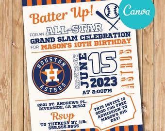 Instant Digital Download, Astros Theme Birthday Party Invitation, Houston Baseball Theme Party Invite, Canva Template