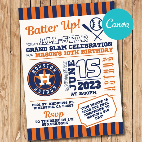 Instant Digital Download, Astros Theme Birthday Party Invitation, Houston Baseball Theme Party Invite, Canva Template