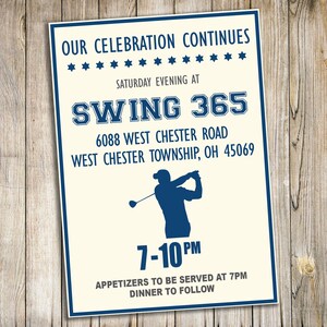 May include: A blue and white invitation for a golf event called "Swing 365". The invitation includes the date, time, location, and a silhouette of a golfer swinging a club.
