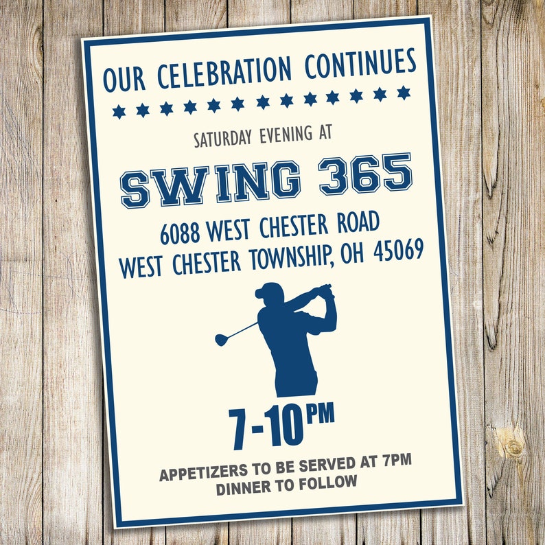 May include: A blue and white invitation for a golf event called "Swing 365". The invitation includes the date, time, location, and a silhouette of a golfer swinging a club.