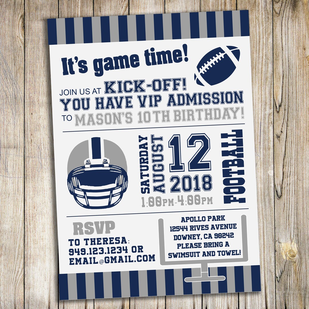 Blue and Silver / Football Theme Birthday Party Invitation / Customized ...