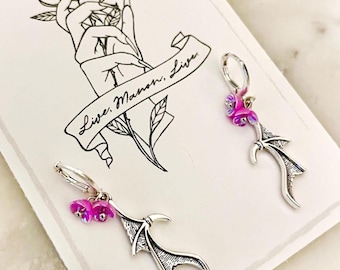 Throne of Glass Jewelry Gift, Floral Dragon Earrings, Manon Blackbeak, Wyvern, BookTok, Dragon Wing, Silver Huggie Earrings, Romantasy Gift