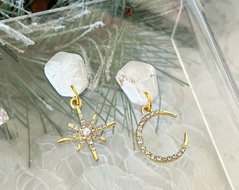 Star and Moon Earrings, Mismatched Earrings Celestial, Dainty Celestial Earrings, Dainty Marbled Star and Moon, Star and Moon Stud Earrings