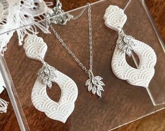 Handmade Polymer Clay Earrings, Wedding Earrings, Bride Earring, Silver Art Deco White Bridal, Romantic Earrings, Wedding Statement Earrings