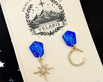 Celestial Stud Earrings, Mismatched Moon and Stars, ACOTAR Jewelry Gift, Night Court Earrings, Rhysand Gift, Velaris Book Jewelry, BookTok