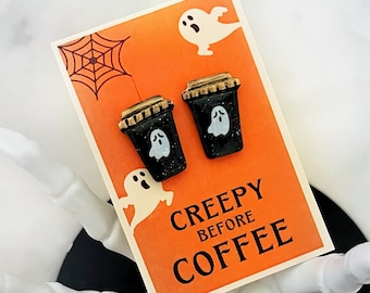 Cute Ghost Earrings, Coffee Earrings, Halloween Stud Earrings, Pumpkin Spice, Spooky Earring, Halloween Teacher Earring, Cute Halloween Gift