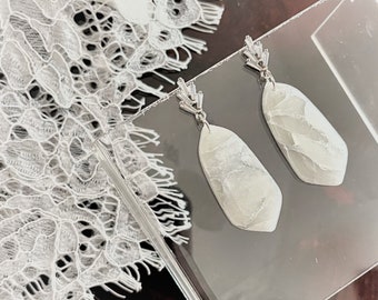 The Aria Marbled White and silver earrings with necklace, lightweight bridal earrings, silver white quartz cubic zirconia earrings, handmade