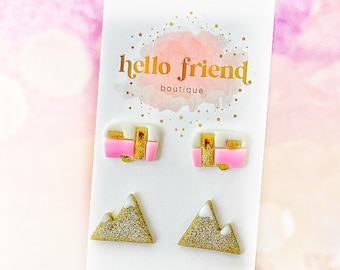 Retro Camper Earrings, Hiking Gift for Women, Glamping Wife Mom Gift,  Gift for Travel Adventure Lover, Camper and Mountain Earrings Set