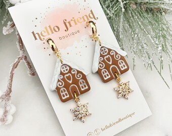 Gingerbread Dangle Earrings, Holiday Earrings, Christmas themed earrings, gingerbread house dainty snowflake, polymer clay holiday earrings
