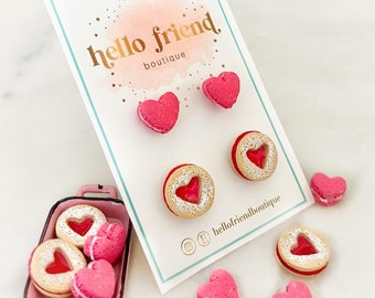 Valentine Cookie Earrings Stud Pack, Tiny Heart Macaron Cookie