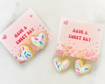 Valentine's Day Sugar Cookie Stud Hoop Earrings, Valentine Day Gift for Her, Teacher Valentine Gift, Cute Food Earring, Heart Cookie Earring