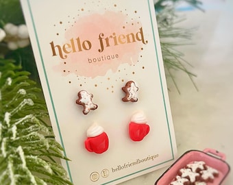 Christmas Cookie Earrings, Mini stud earrings, Gingerbread Hot Cocoa, Christmas Earring Stud Pack, Tiny Dainty Gingerbread Hot Cocoa