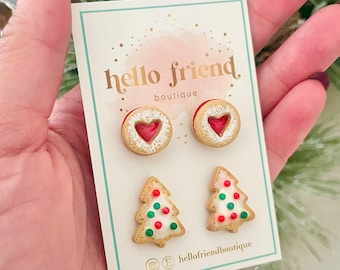 Christmas Cookie Earrings Stud Pack, Cute Food Earrings, Linzer Cookie Earrings, Christmas Tree Sugar Cookie Earring, realistic food earring