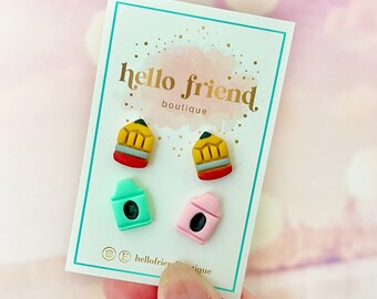 Back to school stud pack, pencil crayon earrings, lightweight teacher student earrings, teacher appreciation, teacher gift, school earrings