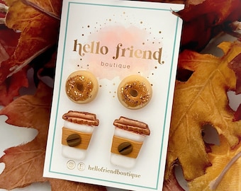 Maple Donut Stud Earrings, Coffee and Donuts, Maple donut with sprinkles, Coffee Earrings, Donut and Coffee Earring Set, cute food earring