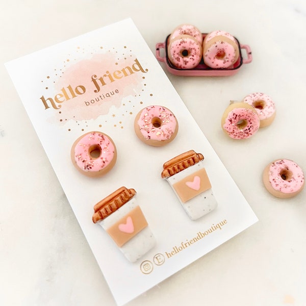 Donut Stud Earrings, Coffee and Donuts, Pink donut, sprinkle donut earring, Coffee Earrings, Donut and Coffee Earring Set, cute food earring