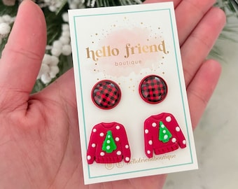 Christmas Stud Earrings Set, Ugly Christmas Sweater, Gingerbread Latte Coffee, Pie Earrings, Dainty Christmas Stud Earrings, Cozy Gift