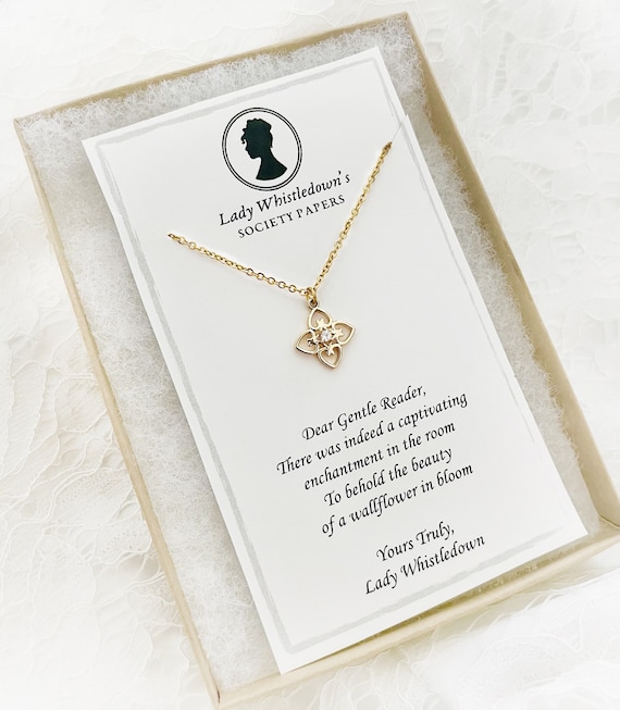 Bridgerton Gift, Bridgerton Wallflower quote, Penelope and Colin, Polin, Bridgerton Jewelry, Lady Whistledown, Dainty Flower Necklace Gold