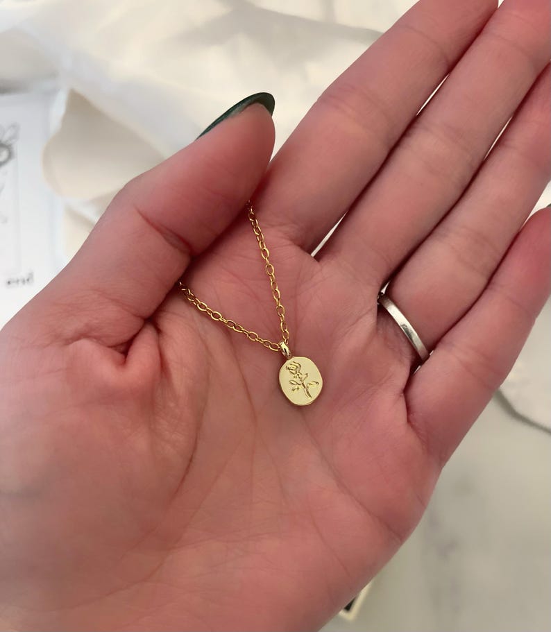 K&ouml;nnte beinhalten: Eine zarte, goldfarbene Halskette mit einem kleinen, ovalen Anh&auml;nger mit einem Rosendesign. Die Kette ist d&uuml;nn und der Anh&auml;nger ist etwa 1,3 cm lang. Die Halskette wird vor einem weichen, neutralen Hintergrund gezeigt.