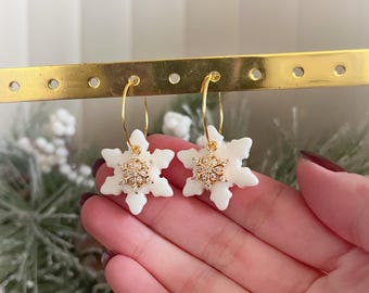 Snowflake earrings, Snowflake hoop earrings, white gold cubic zirconia snowflake earrings, dainty hoop earrings, holiday Christmas earrings