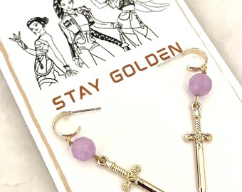 KPop Demon Hunters Earrings, KPop Demon Hunters Gift, Gold Sword Huggie, Edgy Jewelry, Golden, KPop BFF Gift, Huntrix, Rumi